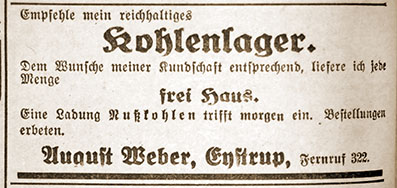 Anzeige der Kohlenhandlung August Weber aus den 30er Jahren