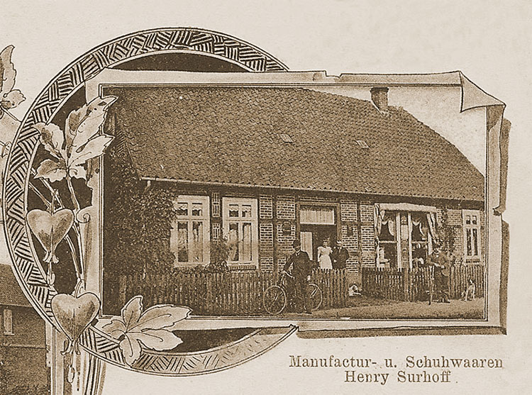 links Schuhmacherei Suhrhoff, rechts Schlachterei Feuß im Hintergrund Wohnhaus Eimke