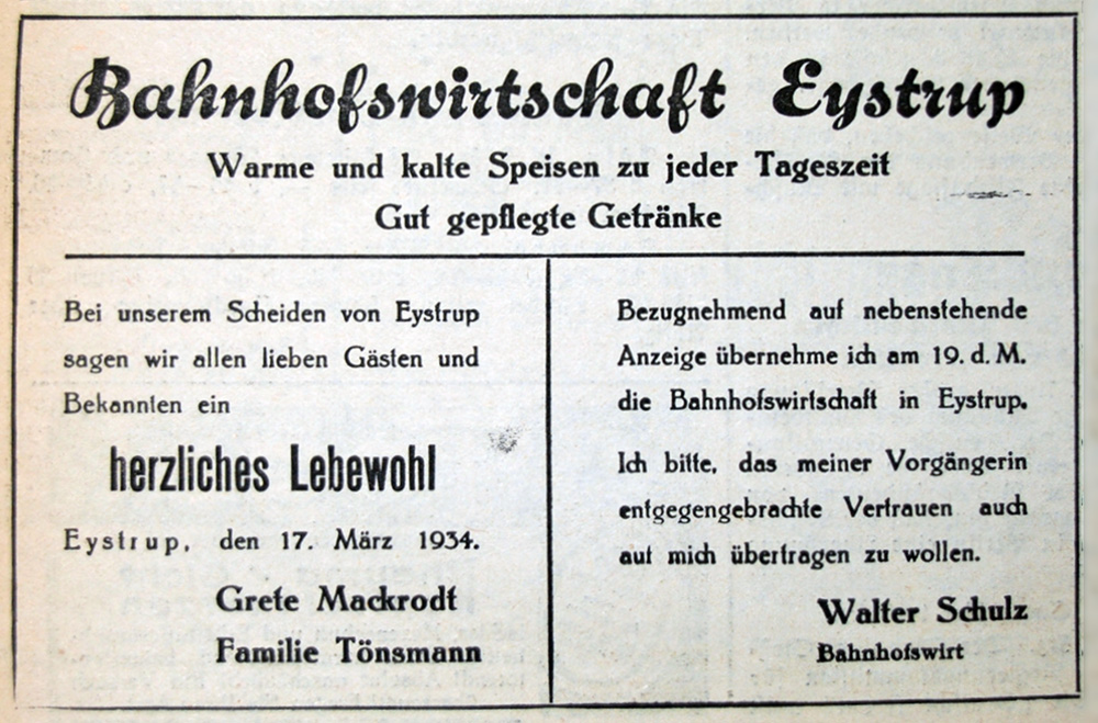 Anzeige aus dem Hoyaer Wochenblatt vom 17.03.1934