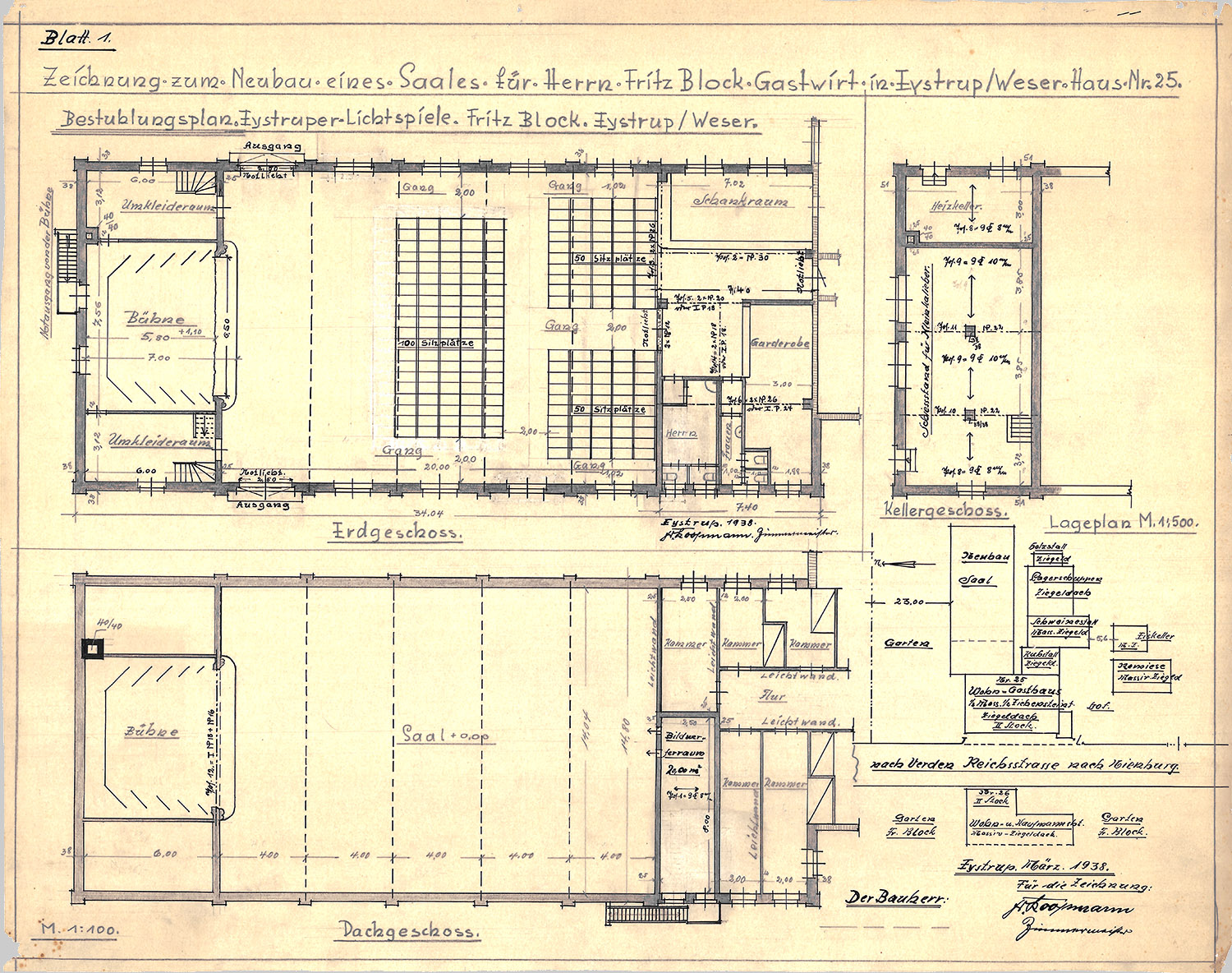 Zeichnung zum Neubau eines Saales für Herrn Fritz Block Gastwirt in Eystrup/Weser Haus Nr.25.