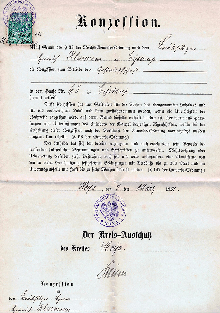 Kozession für Heinrich Klusmann, Hoya 01.03.1901