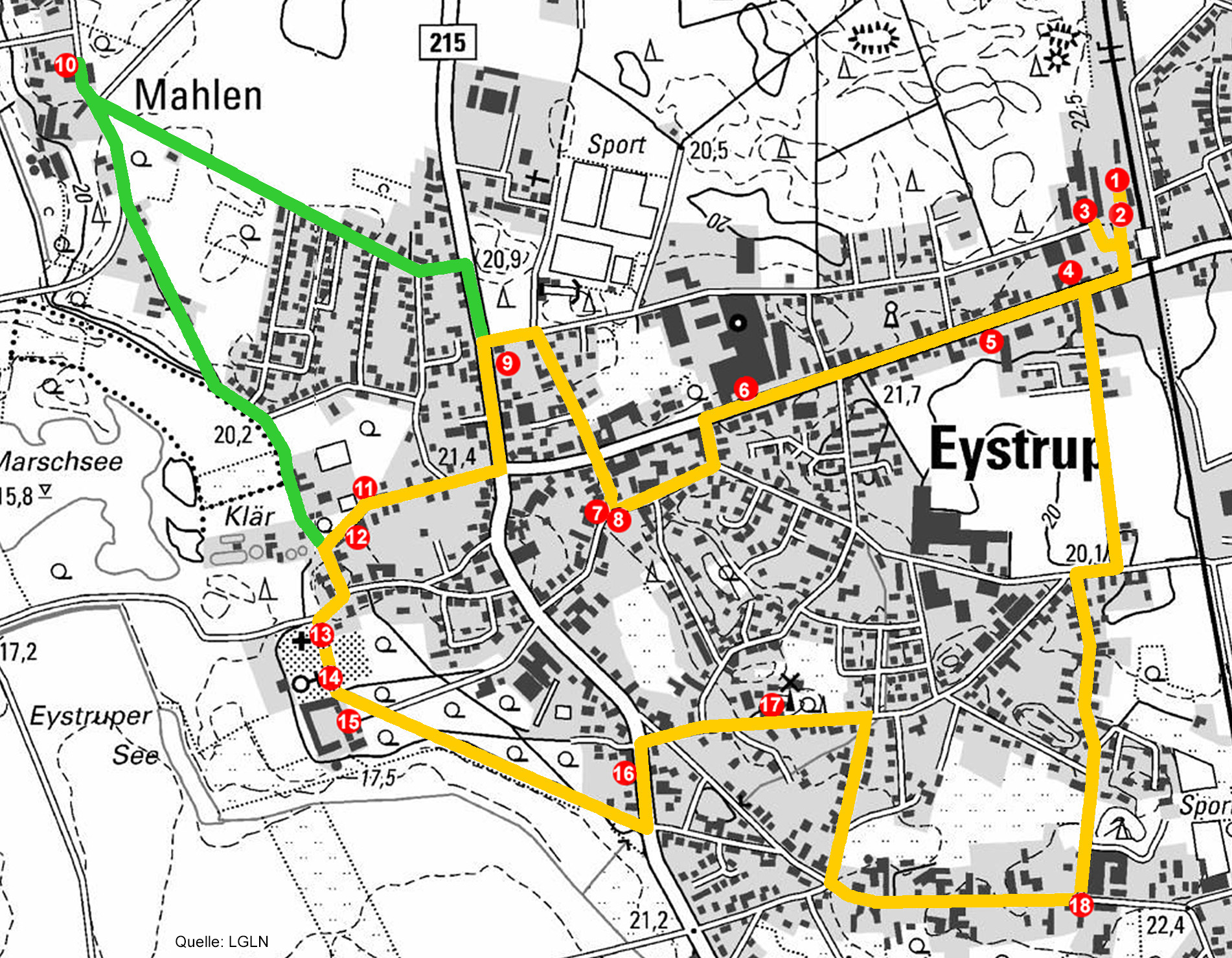 Karte mit geschichtsträchtigen Orten und Sehenswürdigkeiten in Eystrup