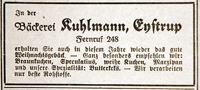 Anzeige der Bäckerei Kuhlmann aus den 30er Jahren