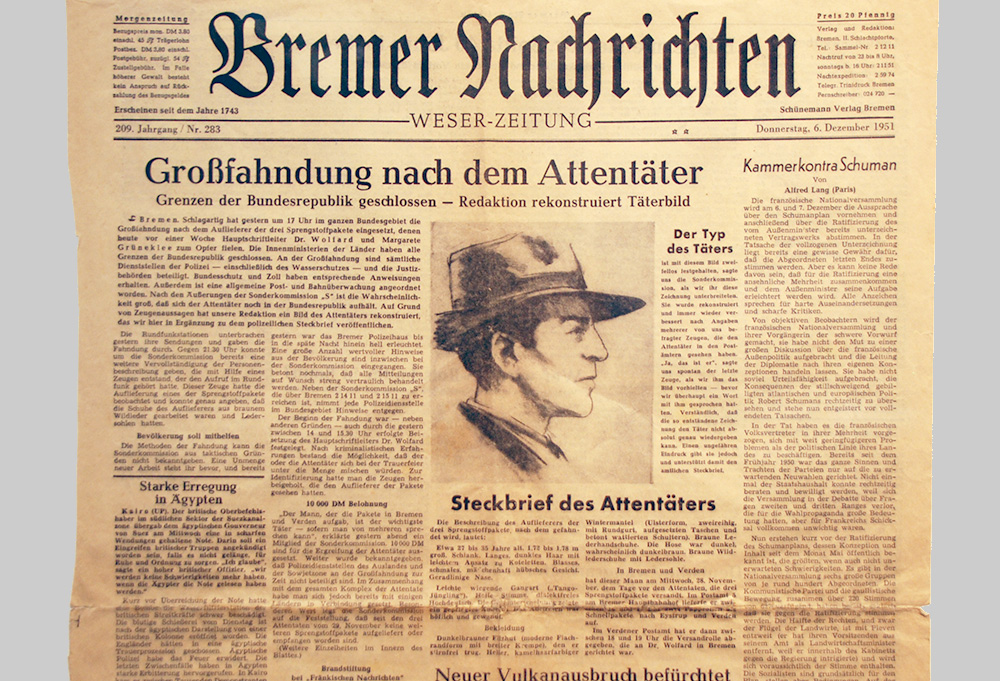 Titelblatt der Bremer Nachrichten vom 6. Dezember 1951